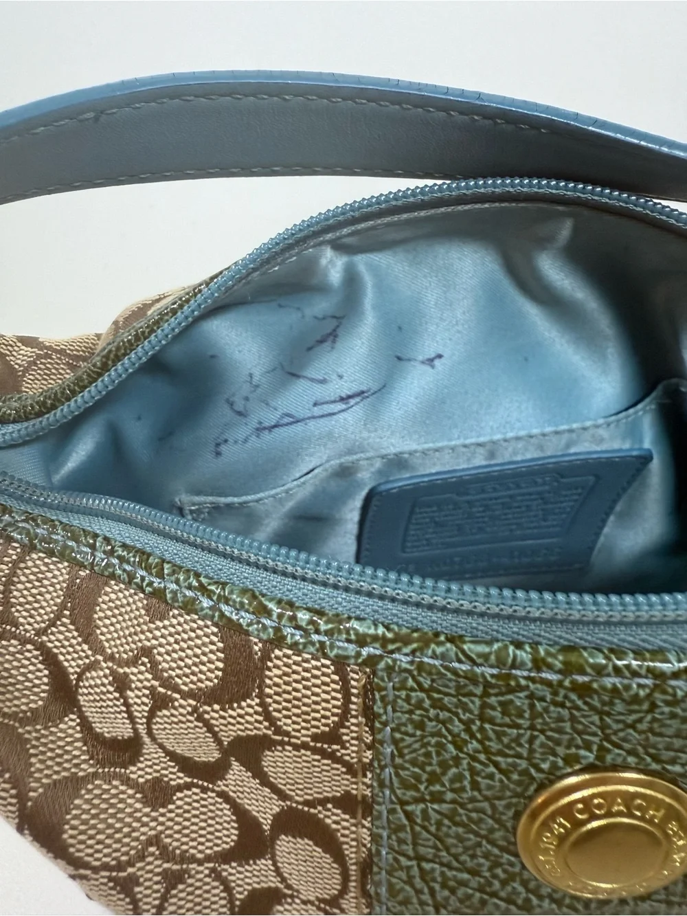 Coach 41066 Signature Jacquard Demi Shoulder Bag Teal Blue Leather Y2K